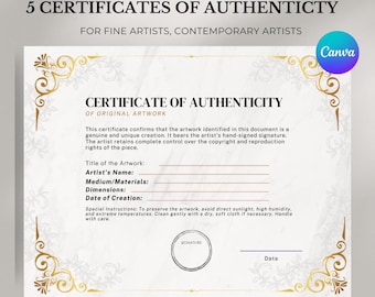 Modello di certificato di autenticità dell'opera d'arte: COA dell'artista stampabile (download digitale)