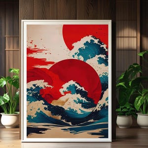 Japanese Red Sun & Great Wave Abstract