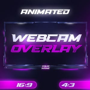Può includere: Design di overlay per webcam animata in viola e bianco. Il design include le parole "Animated Webcam Overlay" con uno spazio per un nome. Vengono visualizzati anche i rapporti di aspetto 16:9 e 4:3.