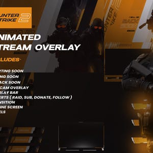 K&ouml;nnte beinhalten: Animiertes Stream-Overlay f&uuml;r Counter Strike 2, mit dunklem Farbschema und orangefarbenen Akzenten. Enth&auml;lt Bildschirme f&uuml;r Start, Ende und &bdquo;Bis gleich zur&uuml;ck&ldquo;, Webcam-Overlay, Overlay-Leiste, Benachrichtigungen, &Uuml;bergang, Offline-Bildschirm und Panels.