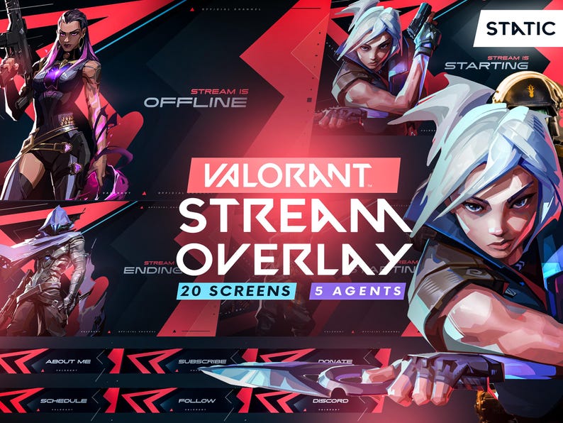 May include: A digital graphic design for a Valorant stream overlay. The design features character illustrations, red and black geometric shapes, and text that reads "Valorant Stream Overlay," "20 Screens," and "5 Agents."