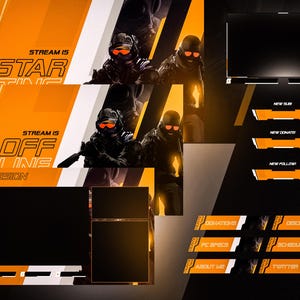 K&ouml;nnte beinhalten: Ein digitales Overlay-Design f&uuml;r Live-Streaming mit einem orange-schwarzen Farbschema. Das Design enth&auml;lt Textelemente wie "STREAM IS STAR" und "STREAM IS OFF LINE" sowie Grafiken von Soldaten. Zus&auml;tzliche Elemente sind Schaltfl&auml;chen f&uuml;r Spenden, PC-Spezifikationen und Social-Media-Links.
