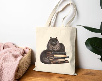 Book Lover Cat Tote Bag: Eco-Friendly Cotton Canvas Library Bag