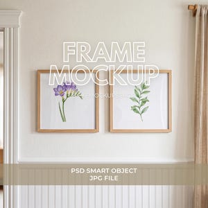 1:1 Square Frame Mockup Set of 2, 10x10 Wood Frame Mockup, Gallery Wall Mockup PSD Smart Object + JPG, Wall Art Print Display Template