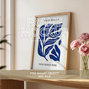 3:4 Art Print Mockup, Oak Frame on Console Table, Vertical Wooden Poster Mockup Leaning on Wall, Wall Art PSD Smart Object Mock Up Template