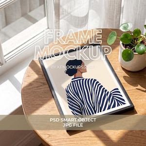 Black Frame Mockup on Table, 3:4 Flat Lay Wall Art Mockup, Vertical Poster Display Mock Up by Window, PSD Smart Object DIN A A4 A3 Template