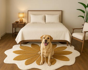 Moderner runder Blumenteppich 2 x 2 Fuß Daisy Design Gold Senf & Weiß Weicher Akzent Teppich für Wohnzimmer 10 x 10 Fuß Teppich Schlafzimmer 12 x 12 Fuß, 6 x 6 Fuß Teppich