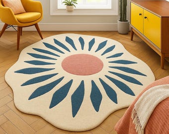 Floraler Teppich 5 x 5 Fuß / 8 x 8 Fuß Moderner Sunburst Runder Luxus Teppich - 6 x 6 Fuß Navy & Beige Boho Akzent Teppich für Schlafzimmer oder Wohnzimmer 12 x 12 Fuß Teppiche