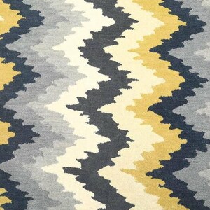 May include: A close-up of a rug with a repeating zigzag pattern. The pattern features alternating bands of cream, navy blue, light grey, and gold. The rug has a textured appearance.