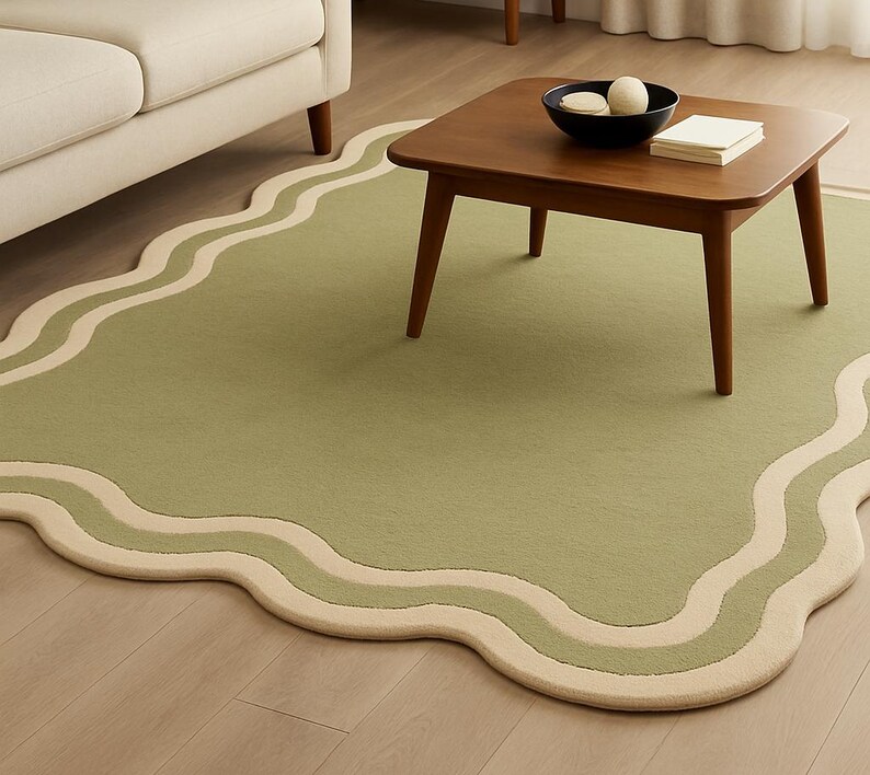 Wavy Edge Area Rug | Modern Scalloped Border Rug | Green and Cream ...