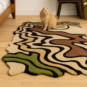 Abstract Earth Tone Rug | Wavy Irregular Area Rug | Organic Shape Floor Mat | Modern Bohemian Decor | Unique Accent Rug