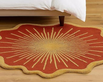 Sun Oval Wollteppich 100% Wolle Teppich Für Flur Küche Wohnzimmer Bett Esszimmer Kinderzimmer Teppich, Senf Runder Teppich Weihnachten