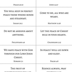 May include: A grid of ten white rectangular cards featuring black serif text with various Bible verses including Psalm 46:10, John 14:27, Isaiah 26:3, Matthew 11:28, Philippians 4:6, Colossians 3:15, Romans 5:1, Psalm 4:8, Isaiah 32:17, and 1 Thessalonians 5:16-17.