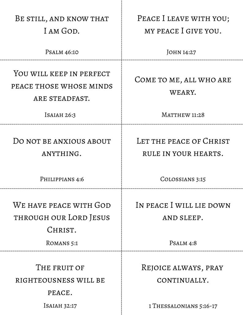 May include: A grid of ten white rectangular cards featuring black serif text with various Bible verses including Psalm 46:10, John 14:27, Isaiah 26:3, Matthew 11:28, Philippians 4:6, Colossians 3:15, Romans 5:1, Psalm 4:8, Isaiah 32:17, and 1 Thessalonians 5:16-17.