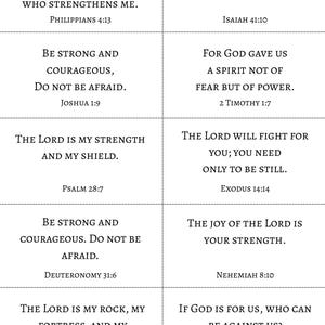 May include: A grid of ten rectangular cards featuring black serif text on a white background. Each card displays a different Bible verse, including Philippians 4:13, Isaiah 41:10, Joshua 1:9, 2 Timothy 1:7, Psalm 28:7, Exodus 14:14, Deuteronomy 31:6, Nehemiah 8:10, Psalm 18:2, and Romans 8:31.