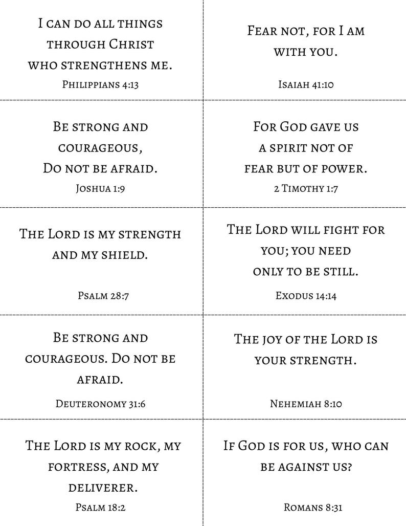 May include: A grid of ten rectangular cards featuring black serif text on a white background. Each card displays a different Bible verse, including Philippians 4:13, Isaiah 41:10, Joshua 1:9, 2 Timothy 1:7, Psalm 28:7, Exodus 14:14, Deuteronomy 31:6, Nehemiah 8:10, Psalm 18:2, and Romans 8:31.