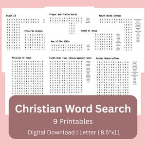 May include: A digital download featuring nine Christian word search puzzles. The image includes various word search grids with titles like "Psalm 23" and "Easter Resurrection." The bottom of the image displays the text "Christian Word Search" and "9 Printables."