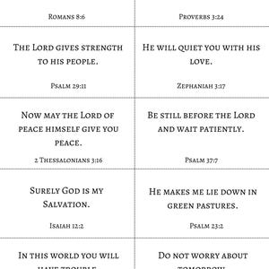 May include: A grid of ten rectangular cards featuring black serif text on a white background. Each card displays a unique Bible verse and its corresponding citation, including Romans 8:6, Proverbs 3:24, Psalm 29:11, Zephaniah 3:17, 2 Thessalonians 3:16, Psalm 37:7, Isaiah 12:2, Psalm 23:2, John 16:33, and Matthew 6:34.