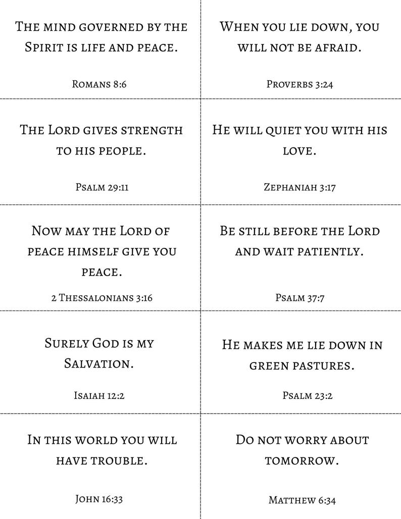 May include: A grid of ten rectangular cards featuring black serif text on a white background. Each card displays a unique Bible verse and its corresponding citation, including Romans 8:6, Proverbs 3:24, Psalm 29:11, Zephaniah 3:17, 2 Thessalonians 3:16, Psalm 37:7, Isaiah 12:2, Psalm 23:2, John 16:33, and Matthew 6:34.