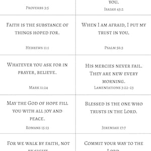 May include: A grid of ten white rectangular cards featuring black serif text with various biblical verses including Trust in the Lord with all your heart, Proverbs 3:5, When you pass through the waters, I will be with you, Isaiah 43:2, and others.