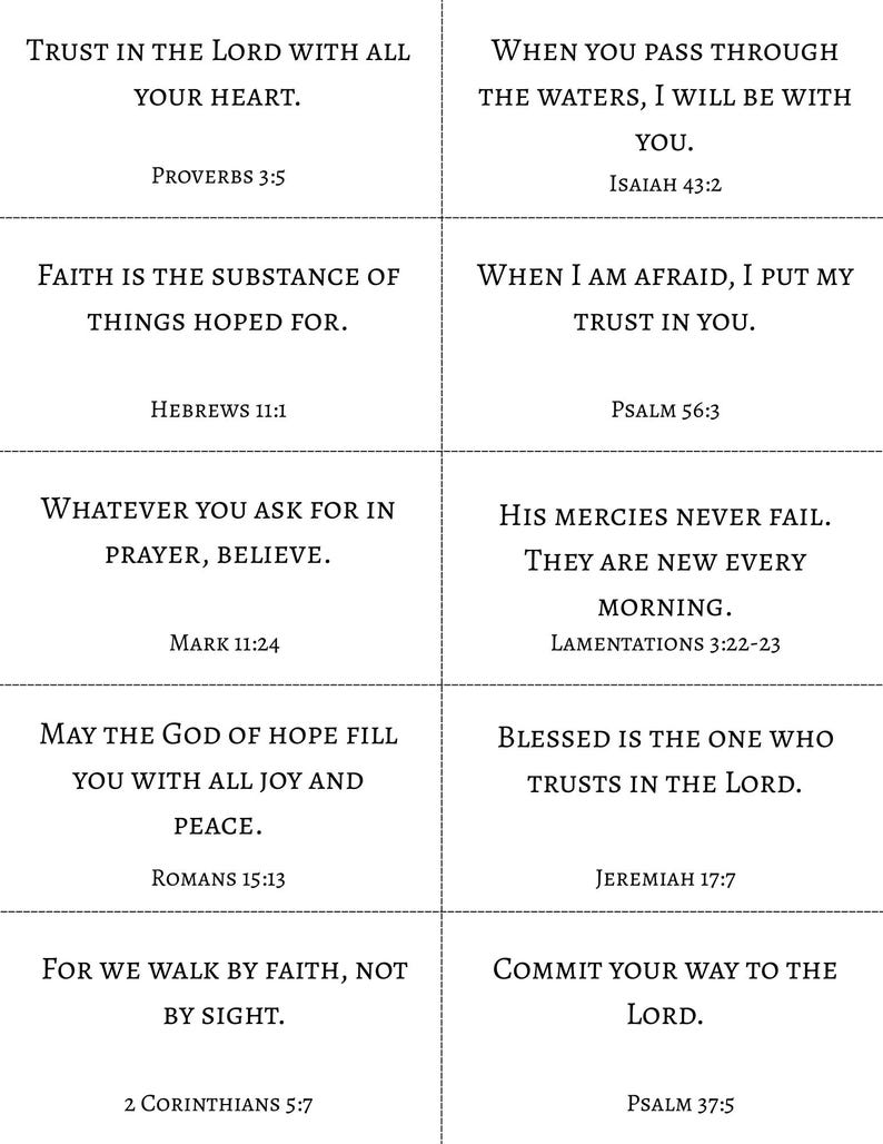 May include: A grid of ten white rectangular cards featuring black serif text with various biblical verses including Trust in the Lord with all your heart, Proverbs 3:5, When you pass through the waters, I will be with you, Isaiah 43:2, and others.
