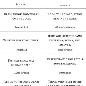 May include: A grid of ten rectangular cards featuring black serif text on a white background. Each card displays a unique Bible verse and its corresponding citation, including Psalm 91:2, Nahum 1:7, Romans 8:28, 1 Corinthians 16:13, Psalm 62:8, Hebrews 13:8, Matthew 17:20, Isaiah 30:15, Galatians 6:9, and Psalm 125:1.