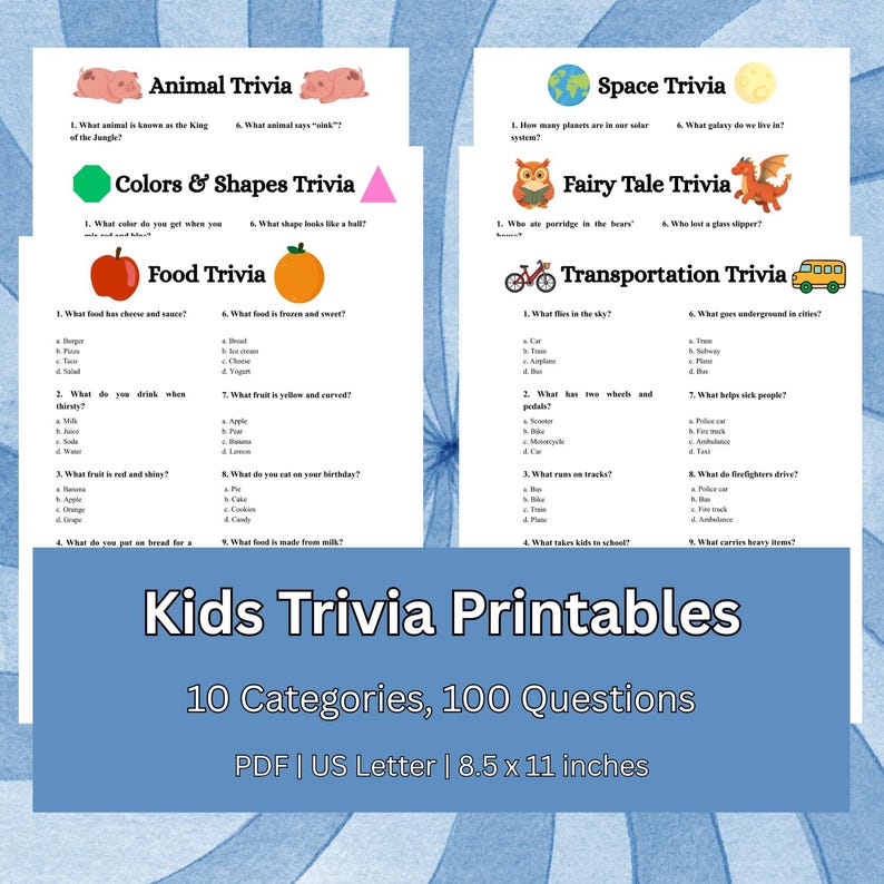 Trivia Color Sheets Kids Trivia Printable Pack | Children Games | Learning Printable ...
