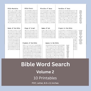 Puede incluir: Una colección de diez sopas de letras bíblicas imprimibles en papel blanco. Cada página presenta una cuadrícula de letras y una lista de palabras para encontrar, con títulos como Bible Mountains, Bible Rivers, Miracles of Jesus, Parables of Jesus, Books of the Bible, Kings of Israel, Names of God, Prayers in the Bible, Prophets of the Bible y Queens in the Bible.