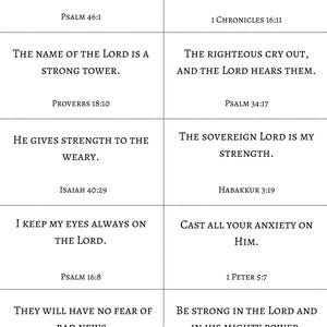 May include: A grid of ten white rectangular cards featuring black serif text with biblical verses including God is your refuge and strength, Psalm 46:1, Seek the Lord and his strength, 1 Chronicles 16:11, and The name of the Lord is a strong tower.