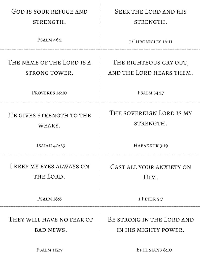 May include: A grid of ten white rectangular cards featuring black serif text with biblical verses including God is your refuge and strength, Psalm 46:1, Seek the Lord and his strength, 1 Chronicles 16:11, and The name of the Lord is a strong tower.