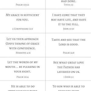 May include: A grid of ten rectangular cards featuring black serif text on a white background. Each card contains a unique Bible verse and citation, including passages like As far as the east is from the west, Psalm 103:12, and John 10:10.