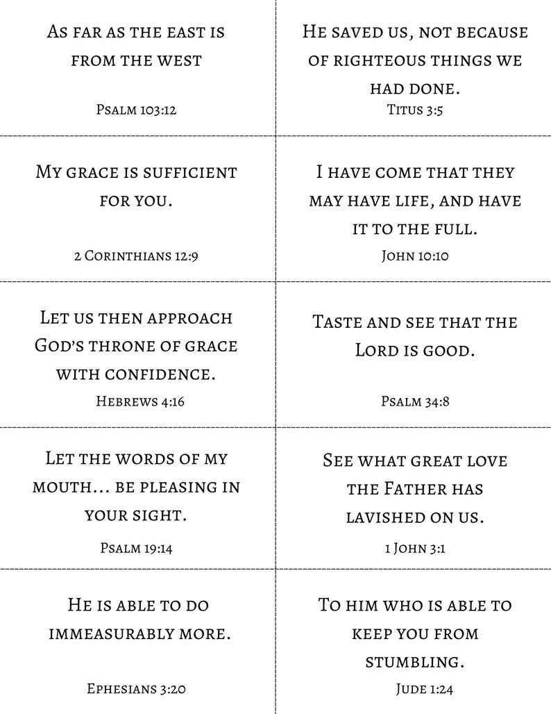 May include: A grid of ten rectangular cards featuring black serif text on a white background. Each card contains a unique Bible verse and citation, including passages like As far as the east is from the west, Psalm 103:12, and John 10:10.