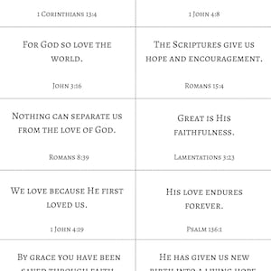 May include: A grid of ten white rectangular cards featuring black serif text with Bible verses including Love is patient, 1 Corinthians 13:4, Whoever does not love does not know God, 1 John 4:8, For God so loved the world, John 3:16, and Romans 15:4.