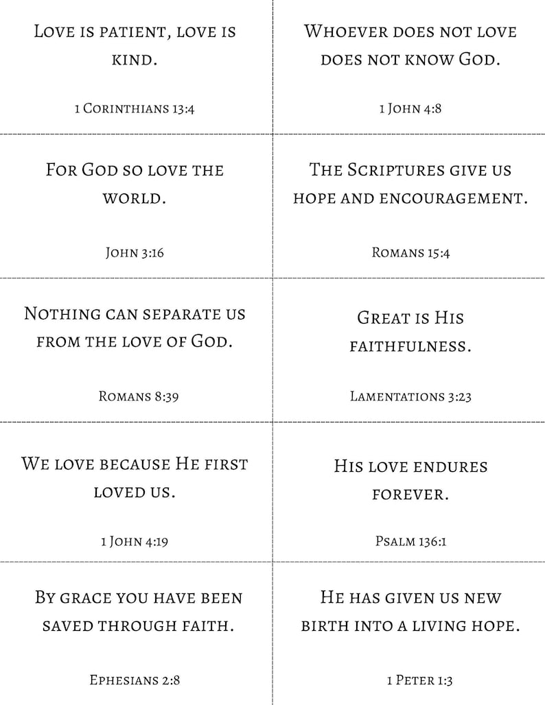 May include: A grid of ten white rectangular cards featuring black serif text with Bible verses including Love is patient, 1 Corinthians 13:4, Whoever does not love does not know God, 1 John 4:8, For God so loved the world, John 3:16, and Romans 15:4.