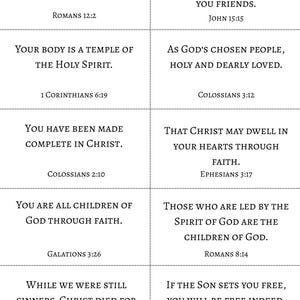 May include: A grid of ten rectangular cards featuring black serif text on a white background. Each card displays a unique Bible verse and its corresponding citation, including Romans 12:2, John 15:15, 1 Corinthians 6:19, Colossians 3:12, 2:10, Ephesians 3:17, Galatians 3:26, Romans 8:14, 5:8, and John 8:36.