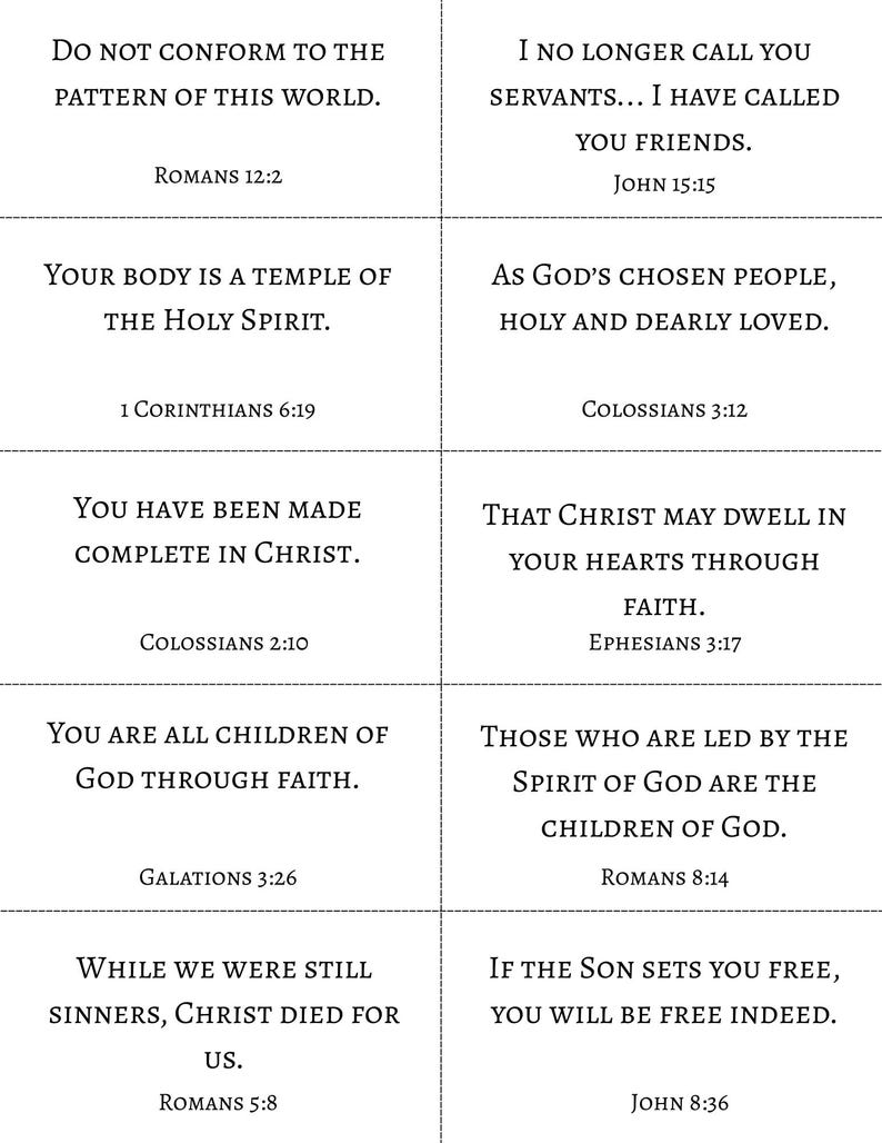May include: A grid of ten rectangular cards featuring black serif text on a white background. Each card displays a unique Bible verse and its corresponding citation, including Romans 12:2, John 15:15, 1 Corinthians 6:19, Colossians 3:12, 2:10, Ephesians 3:17, Galatians 3:26, Romans 8:14, 5:8, and John 8:36.
