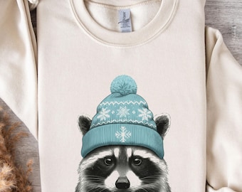 Raccoon Wearing Beanie Sweatshirt, Vintage Woodland Raccoon Crewneck, Retro 90s Outdoors Pullover, Cozy Camping Hiking Wildlife Lover Gift
