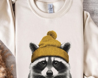 Raccoon Wearing Beanie Sweatshirt, Vintage Woodland Raccoon Crewneck, Retro 90s Outdoors Pullover, Cozy Camping Hiking Wildlife Lover Gift
