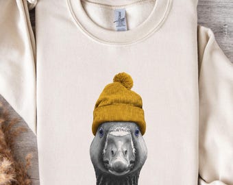 Goose Wearing Beanie Sweatshirt, Vintage Farm Goose Crewneck, Retro 90s Silly Goose Outdoors Pullover, Cozy Camping Hiking Wildlife Gift