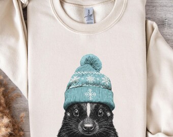 Skunk Wearing Beanie Sweatshirt, Vintage Woodland Skunk Crewneck, Retro 90s Outdoors Pullover, Cozy Camping Hiking Wildlife Skunk Lover Gift