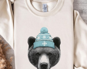 Bear Wearing Beanie Sweatshirt, Vintage Mountain Bear Crewneck, Retro 90s Outdoors Pullover, Cozy Camping Hiking Wildlife Bear Lover Gift