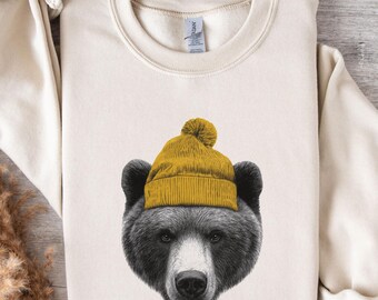 Bear Wearing Beanie Sweatshirt, Vintage Mountain Bear Crewneck, Retro 90s Outdoors Pullover, Cozy Camping Hiking Wildlife Bear Lover Gift