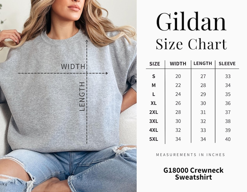 Gildan G18000 Size Chart, Crewneck Sweatshirt Sizing Guide, Unisex Sweatshirt Measurements, Plus Sizes Available, Digital Download for