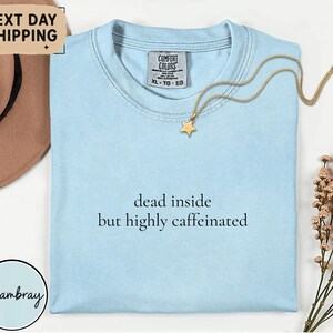 May include: Light blue t-shirt with the text "dead inside but highly caffeinated". A gold star pendant necklace rests on the shirt. A brown hat and flowers are in the background.