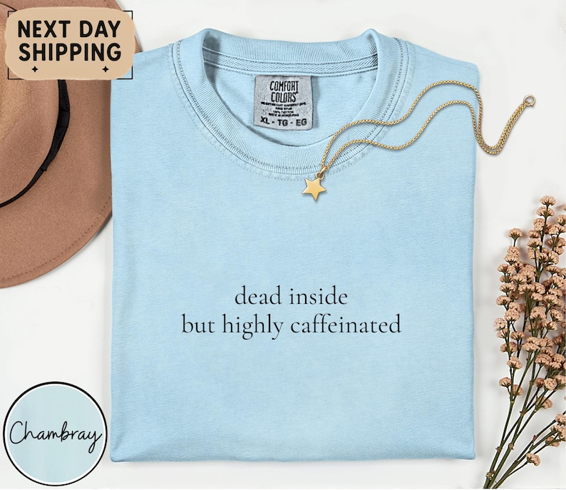 May include: Light blue t-shirt with the text "dead inside but highly caffeinated". A gold star pendant necklace rests on the shirt. A brown hat and flowers are in the background.