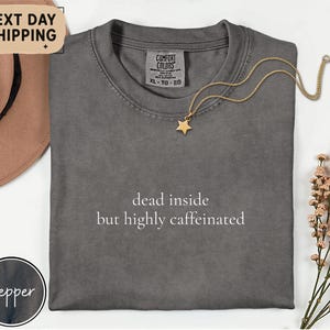 May include: A gray Comfort Colors t-shirt with the text "dead inside but highly caffeinated" in white. A gold star pendant necklace is draped across the shirt. A brown hat and a sprig of pink flowers are in the background.
