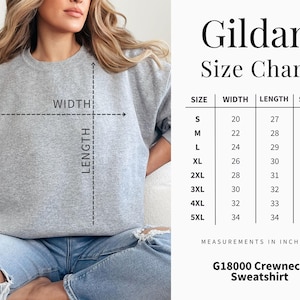 Gildan G18000 crewneck sweatshirt size chart with measurements in inches.
