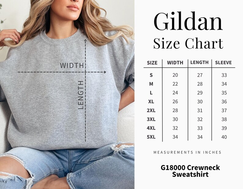 Gildan G18000 Crewneck Sweatshirt size chart with measurements in inches.