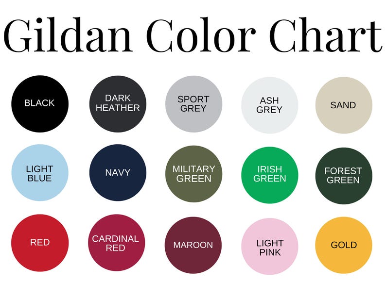 Gildan Color Chart, Digital Download, T-Shirt Color Swatch Guide, Apparel Mockup, Seller Resource, Black, Grey, Blue, Green, Red, Pink, Gold