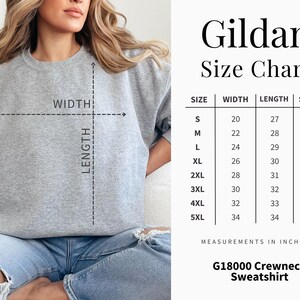 Gildan G18000 crewneck sweatshirt size chart with measurements in inches.
